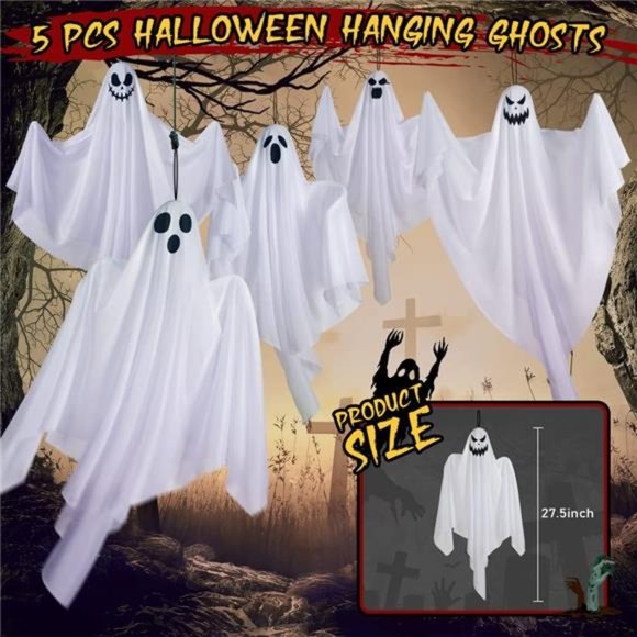 5 Pack Hanging Ghosts Halloween Decor - 27.5" Cute Flying Ghosts - Picture 4 of 6